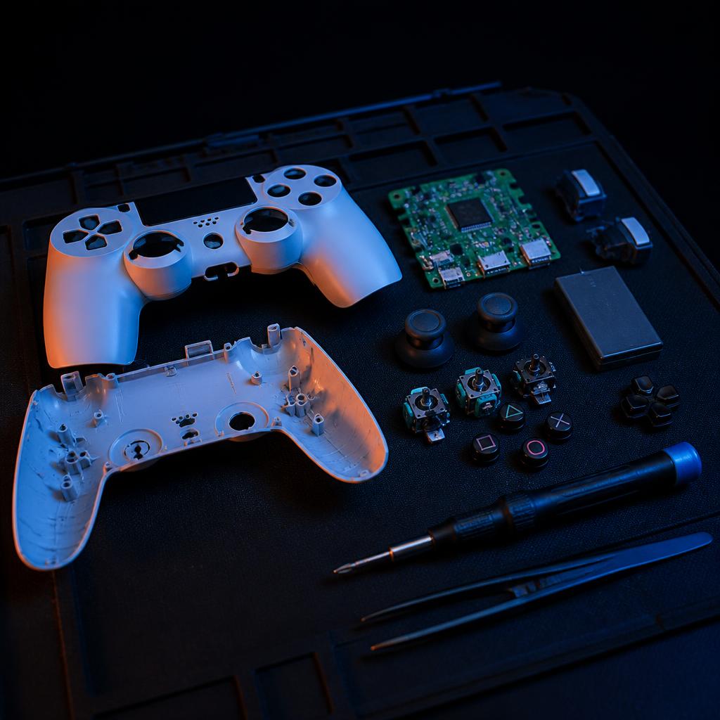 Controle de videogame desmontado com peças organizadas